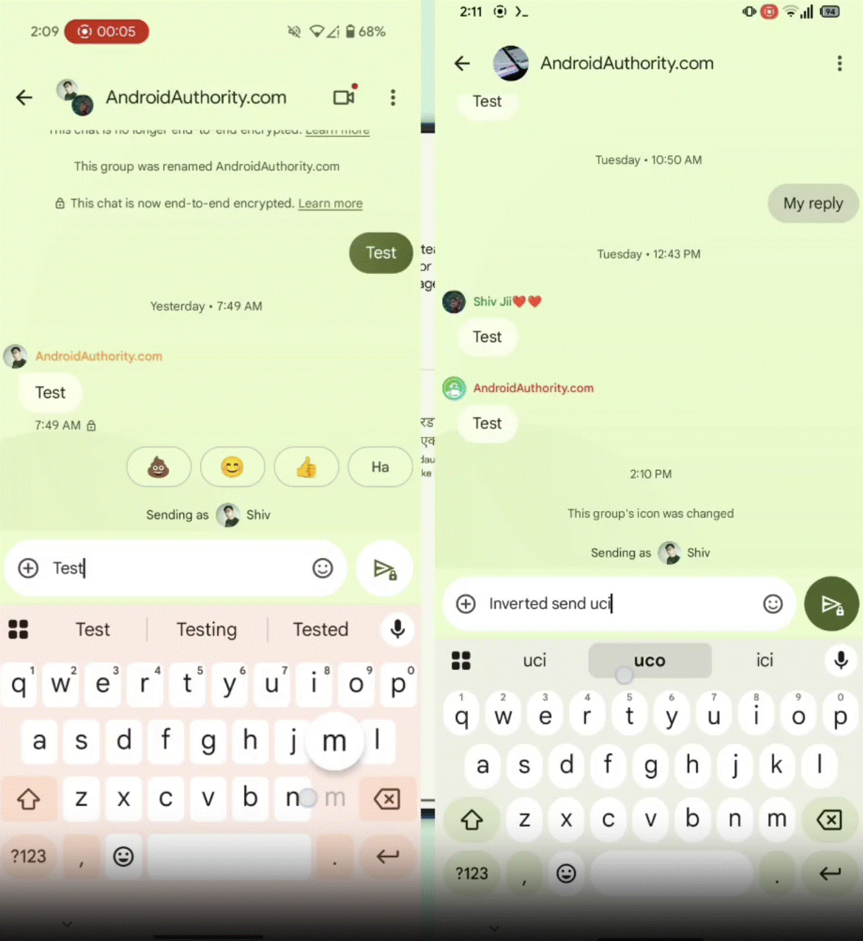 Screenshots highlighting Google Messages' old (left) and new (right) send button UI.