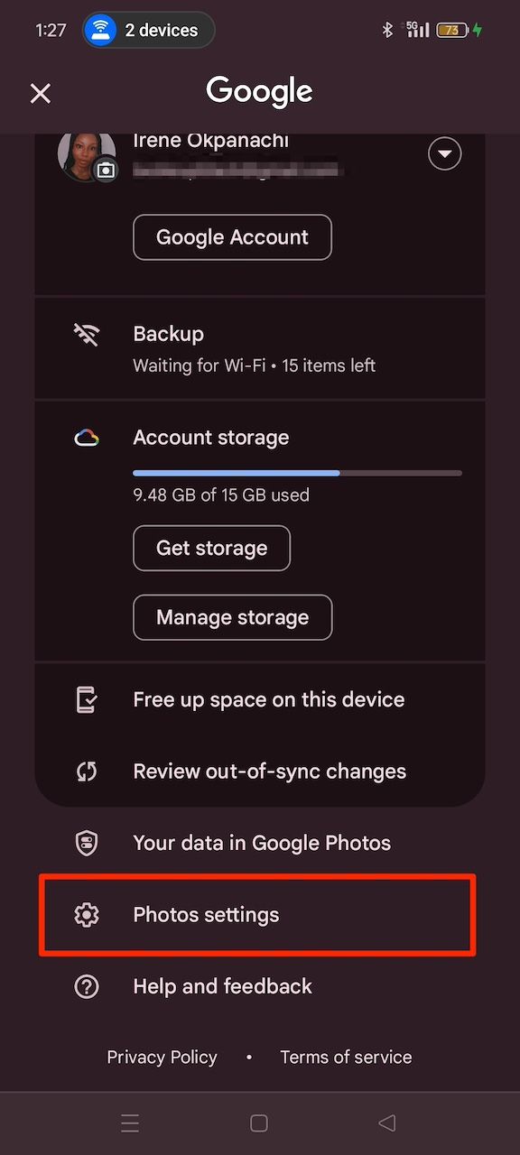 Selecting Photos settings option in Google Photos app menu 
