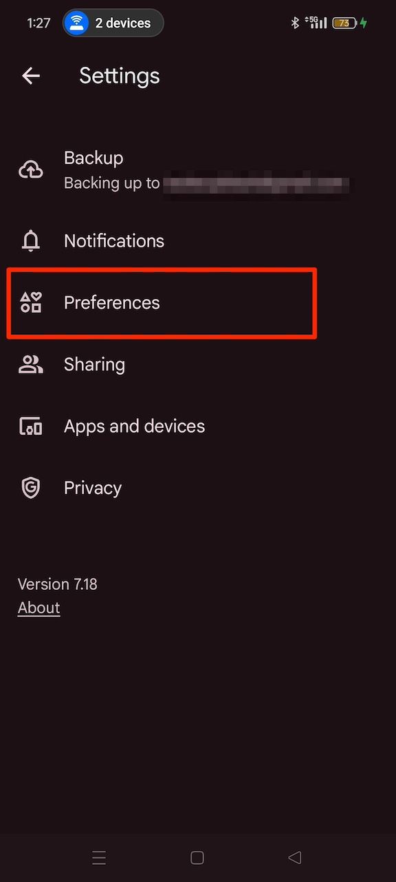 Selecting Preferences option from Google Photos app Settings menu