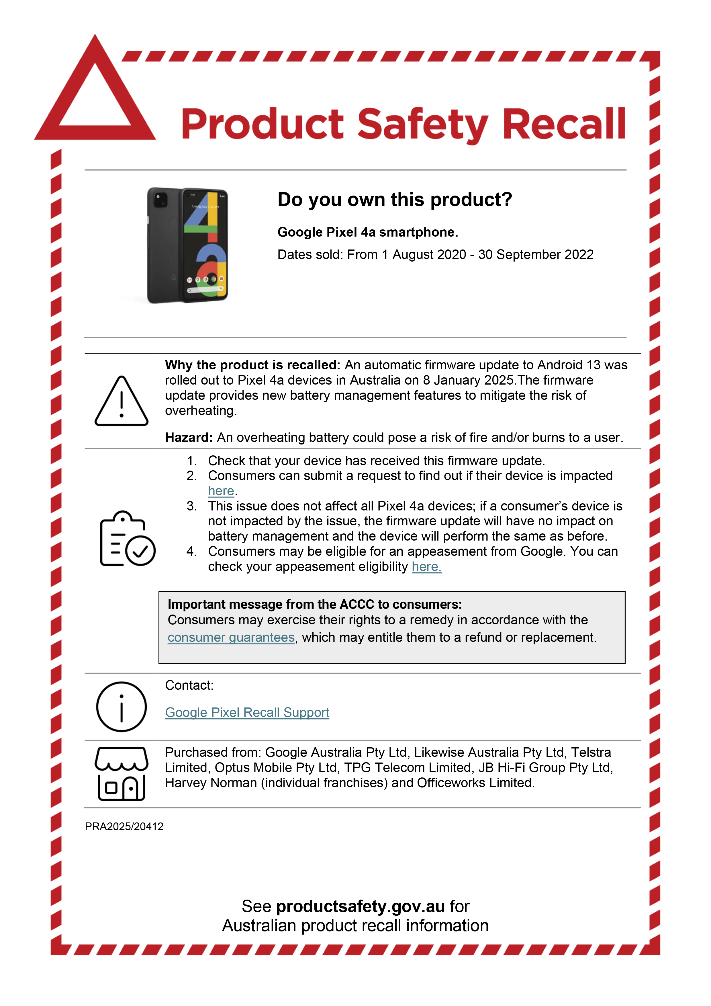 google-pixel-9a-recall-notice-australia