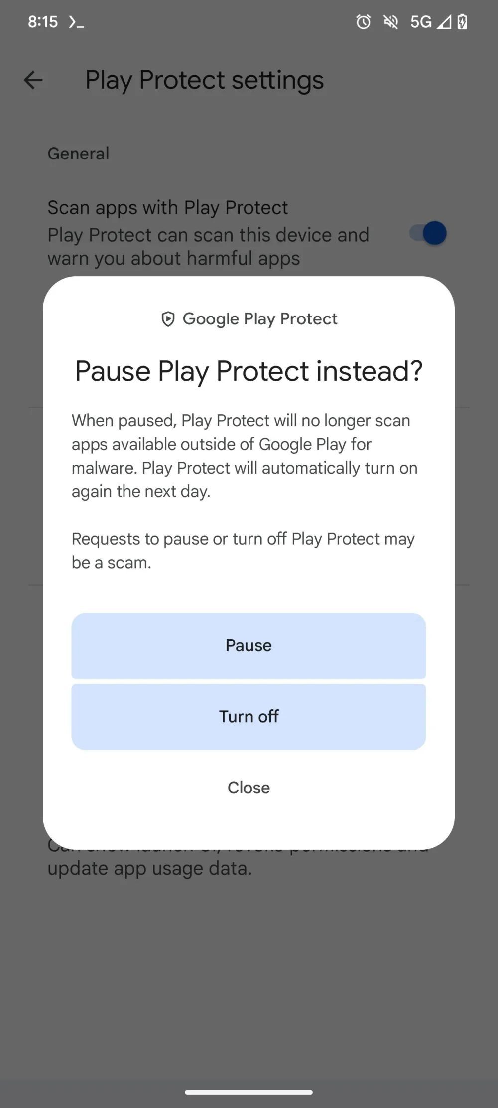A screenshot of Google Play Protect's 'pause instead' prompt.