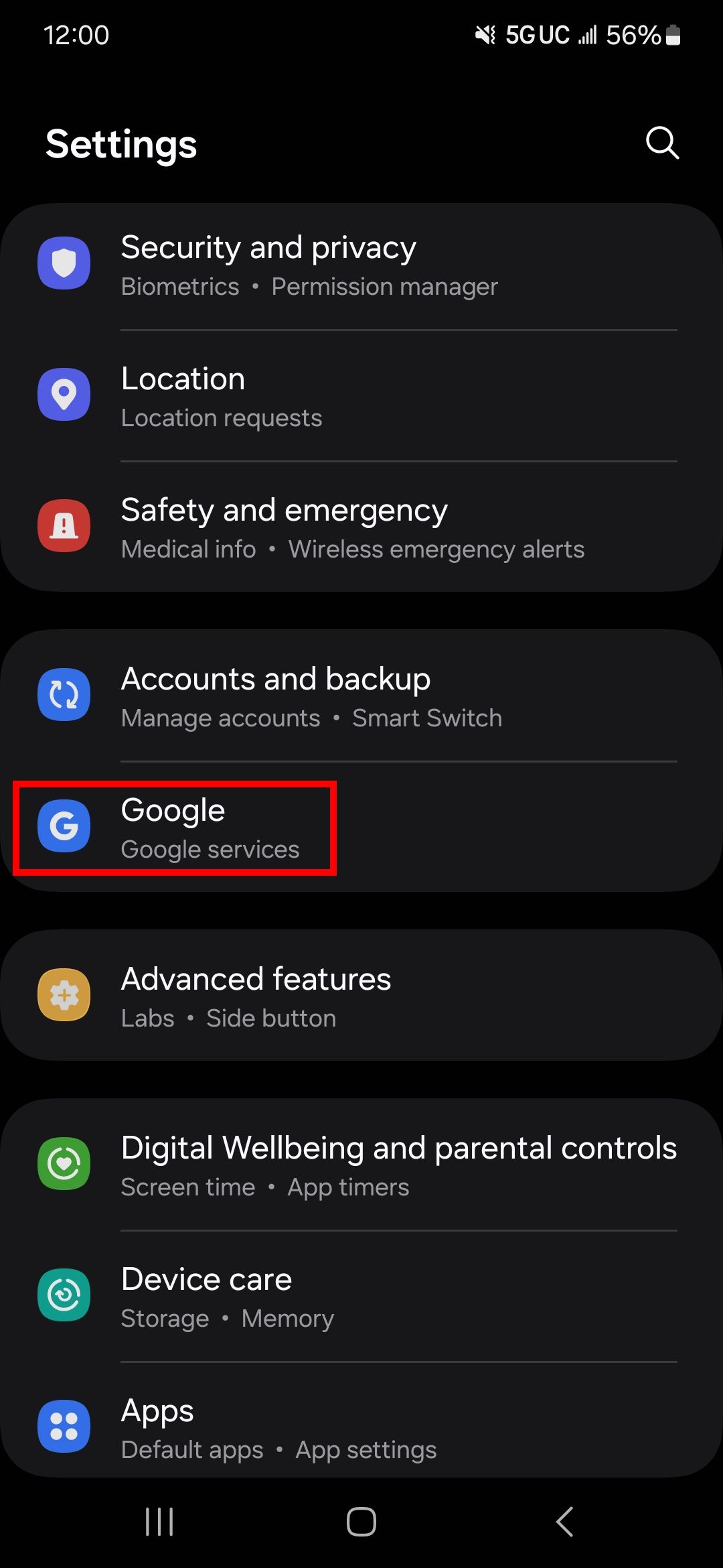 Go to your Settings app and select Google