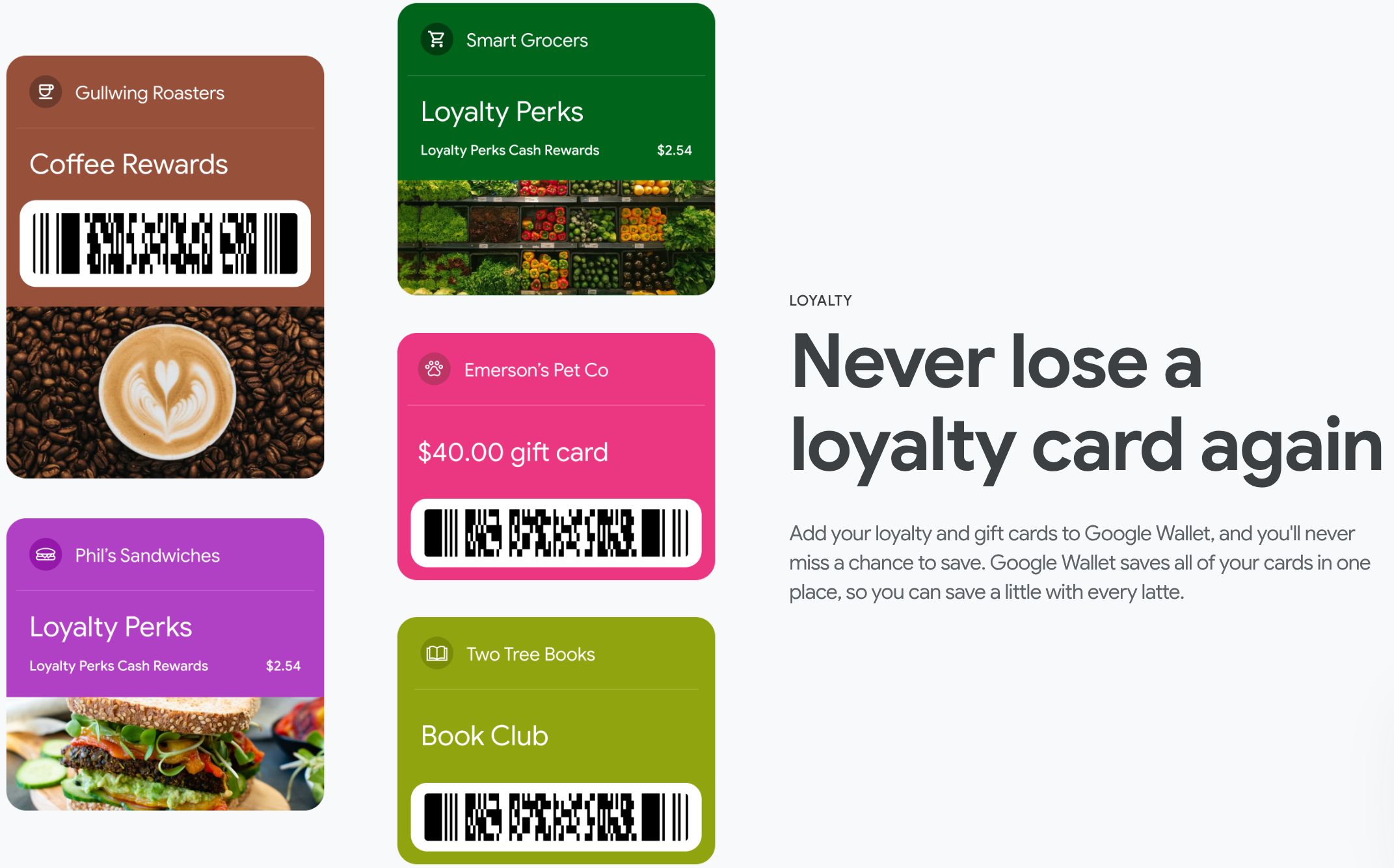Examples of some loyalty cards in Google Wallet