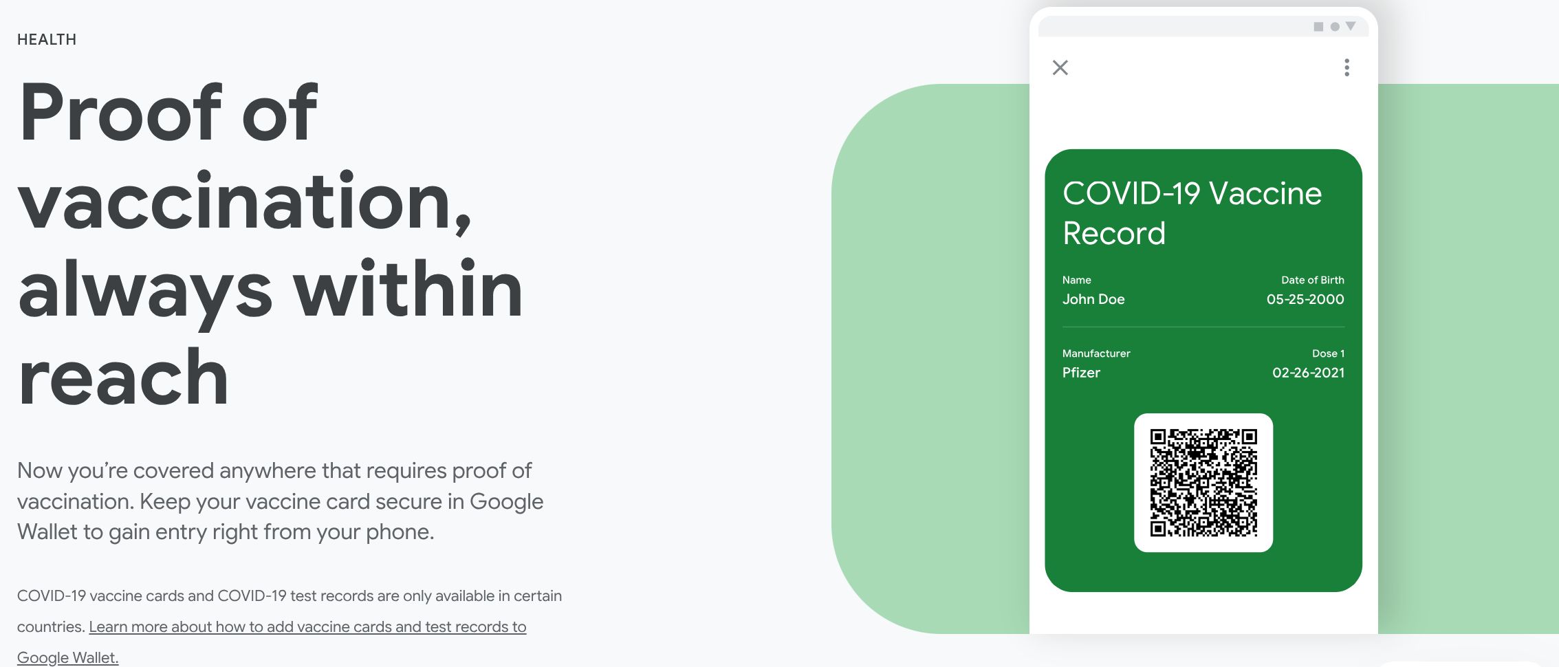 A graphic showing COVID-19 vaccination records in Google Wallet