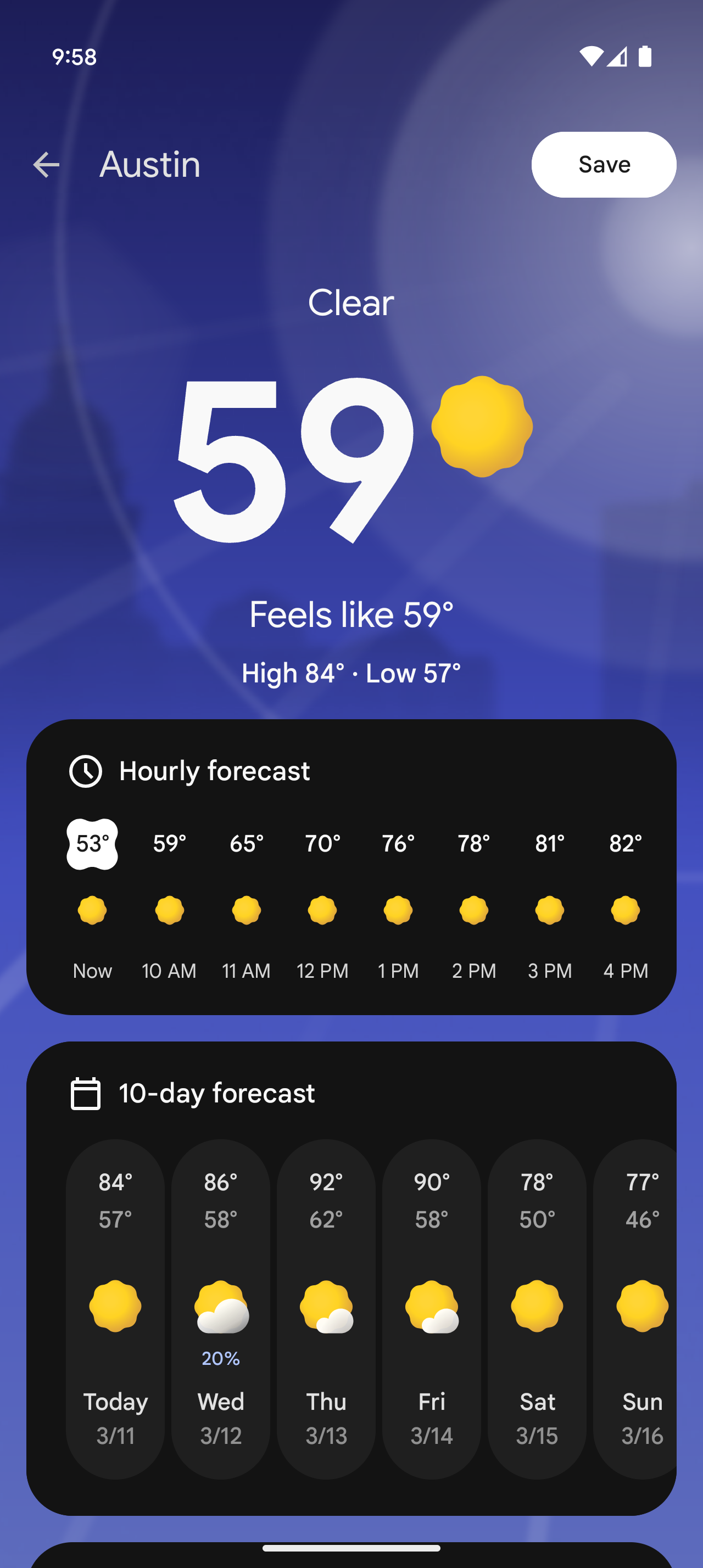 Screenshot of a new Save button for the Pixel Weather app.