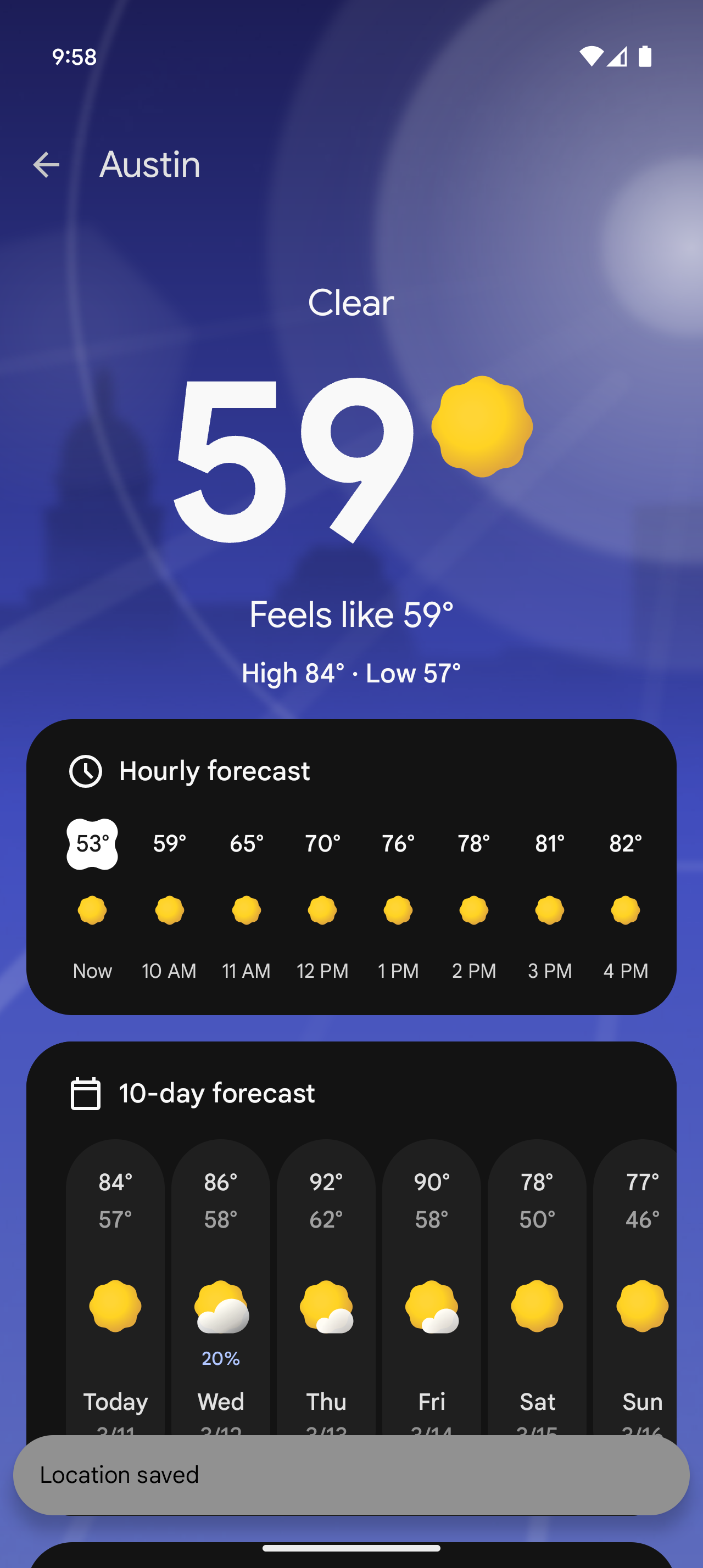 Screenshot showing what happens when you save your current location in the Pixel Weather app.