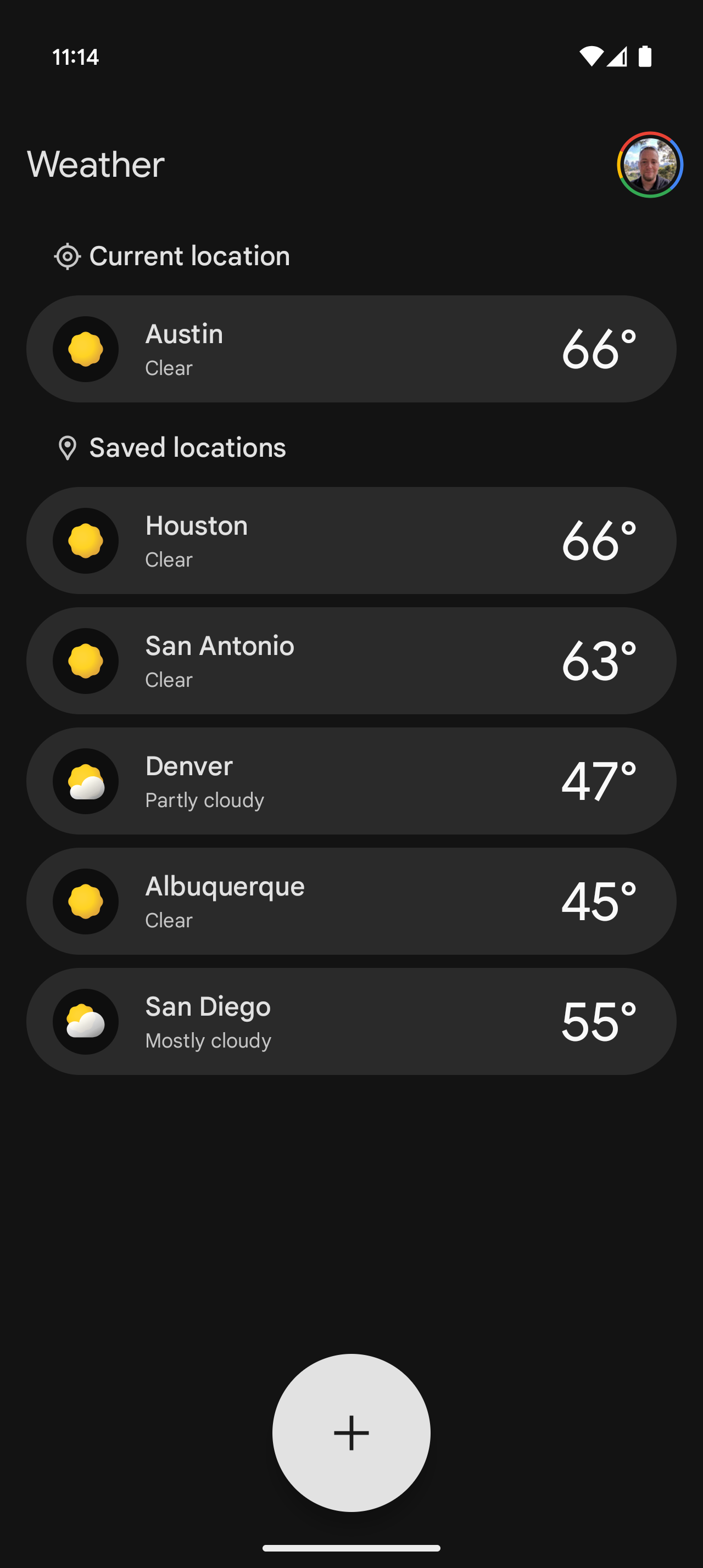 Screenshot of the Pixel Weather app's location list before saving the current location.