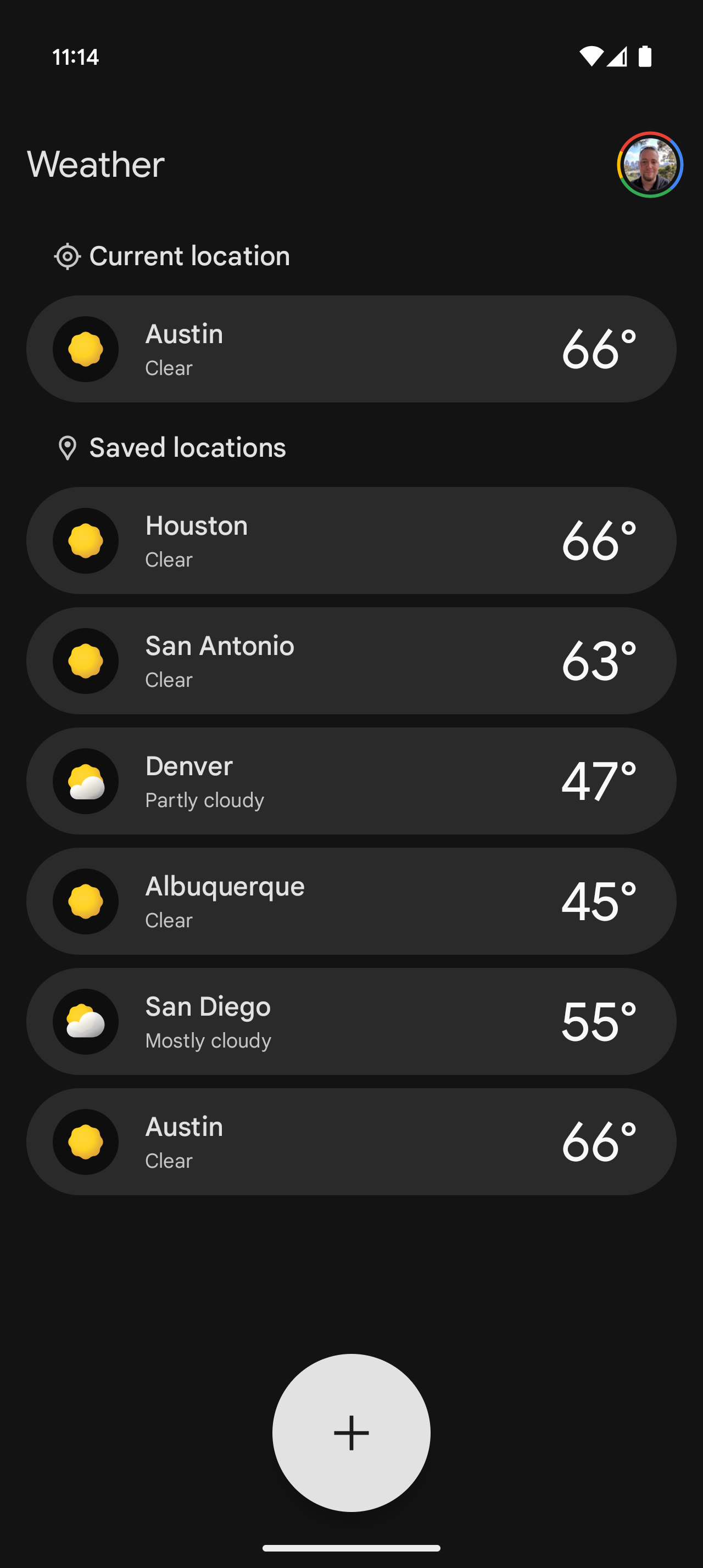 Screenshot showing duplicated current location after saving in the Pixel Weather app.