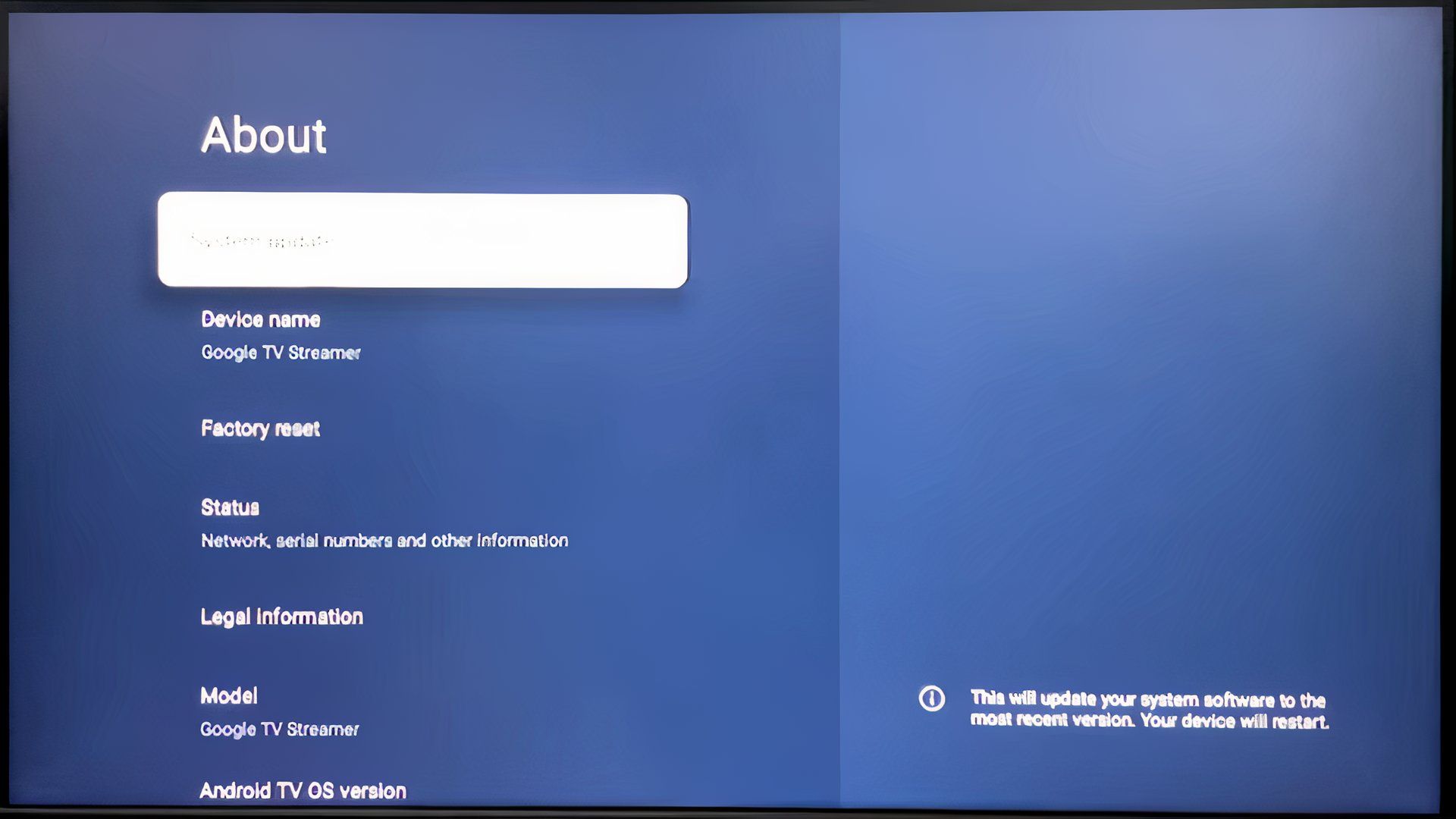 A screenshot showing the Factory reset settings on Google TV Streamer