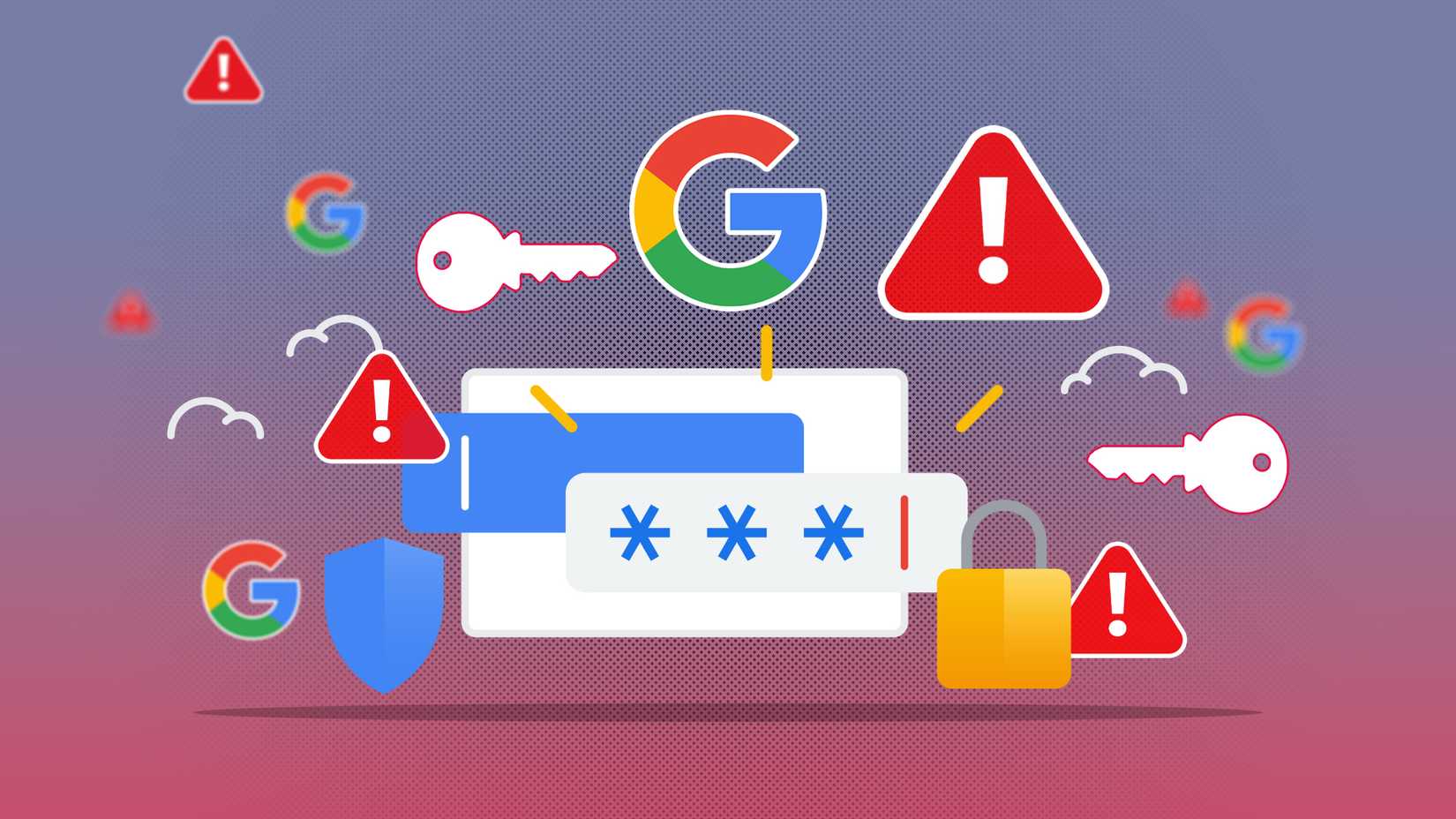 Illustration of Google's password manager with the Google logo and warning signs around it.