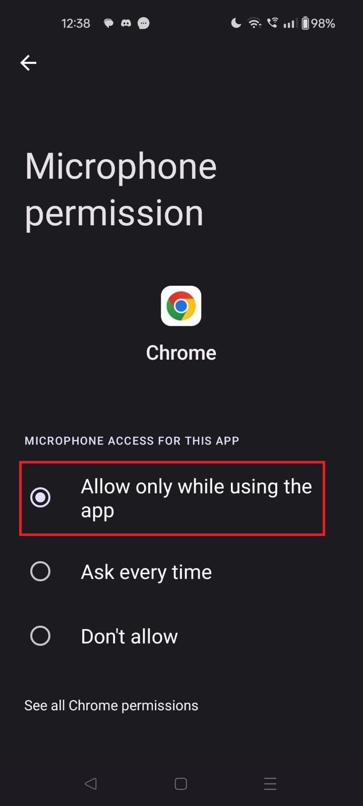 Screenshot highlighting Allow only while using the app