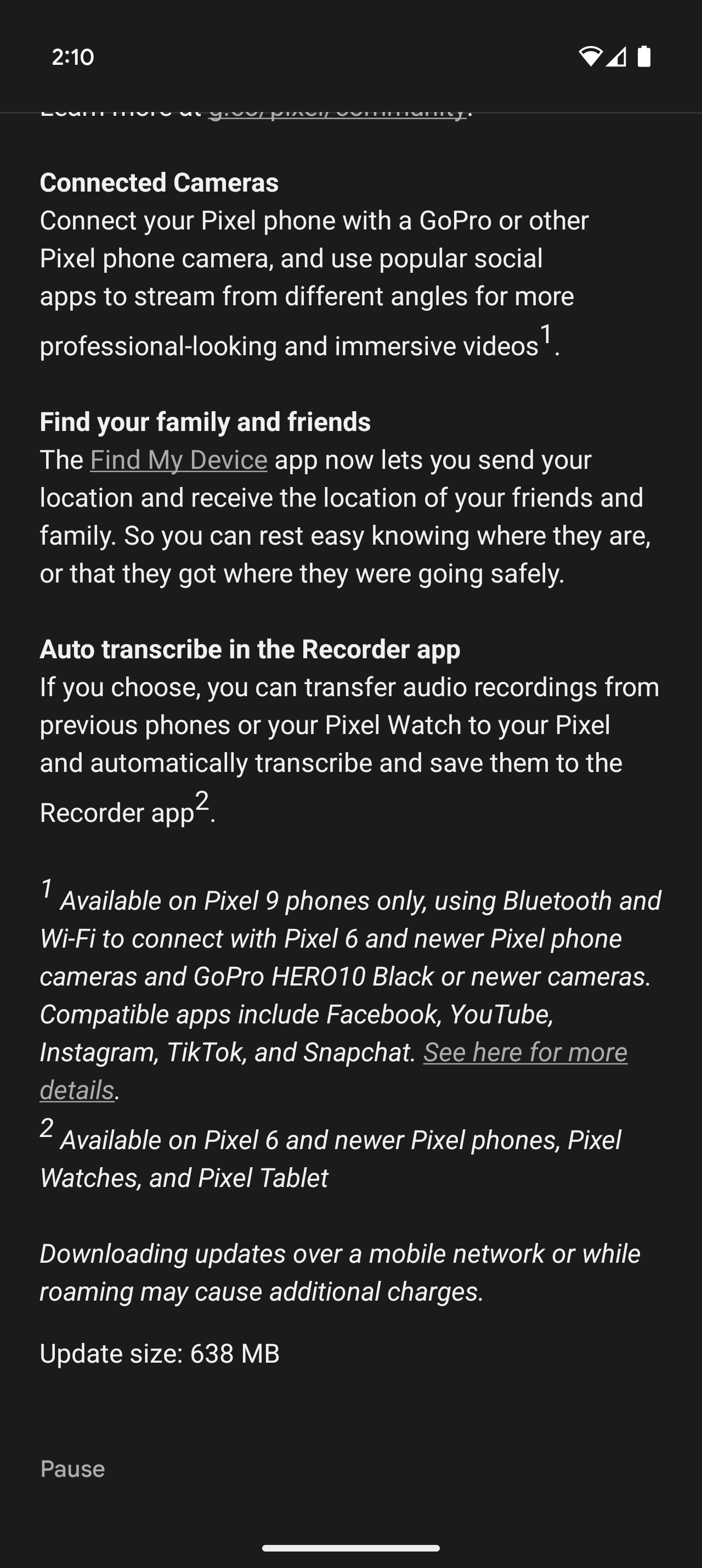 Screenshot showing update details for the March 2025 Pixel Feature Drop.