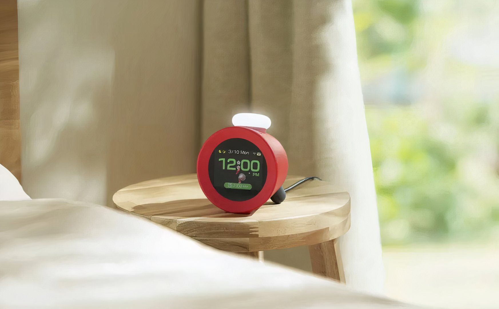 A Nintendo Alarmo alarm clock on a wooden nightstand next to a bed. 