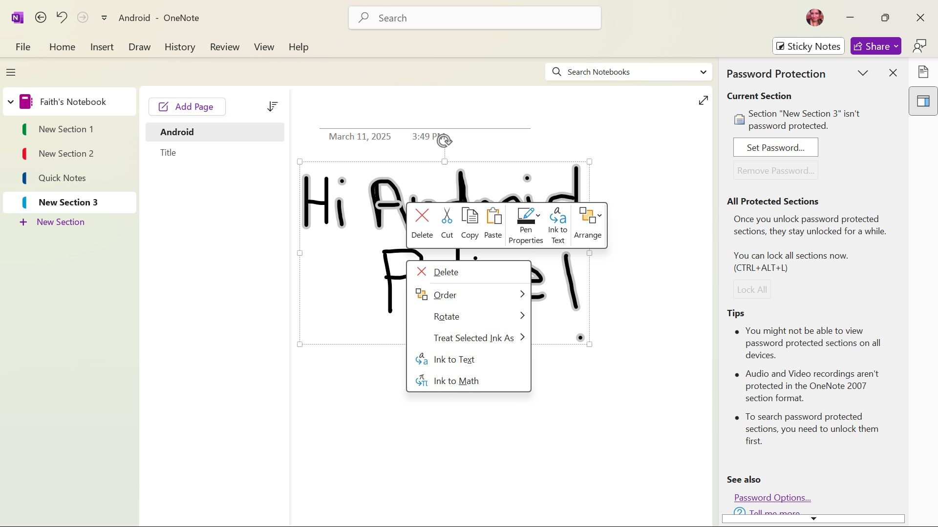 Using the handwriting-to-text conversion tool on OneNote