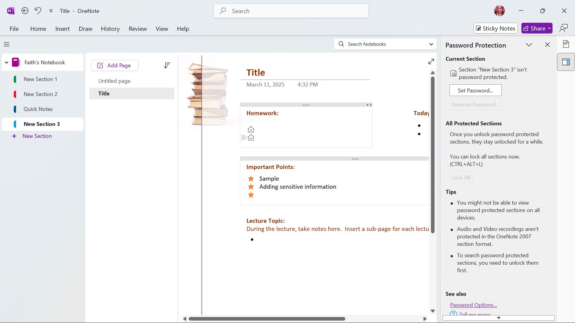 Password protect feature in OneNote