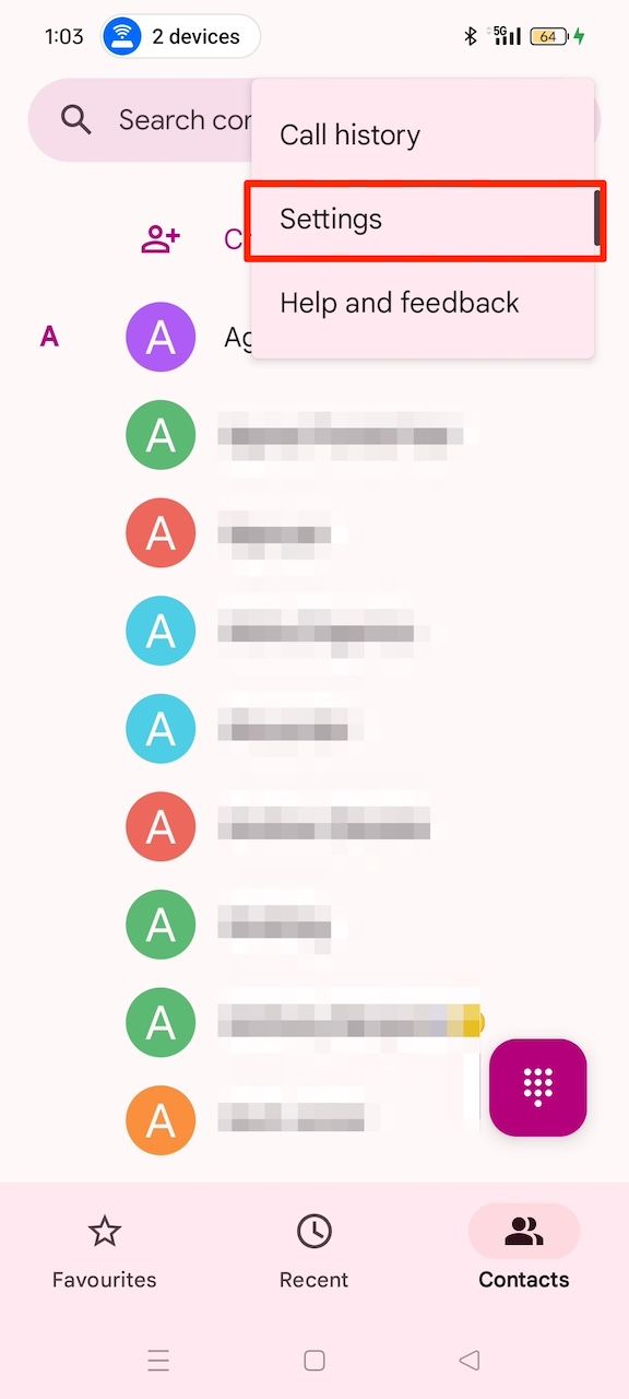 Selecting Settings option in Contacts menu on Google Phone app