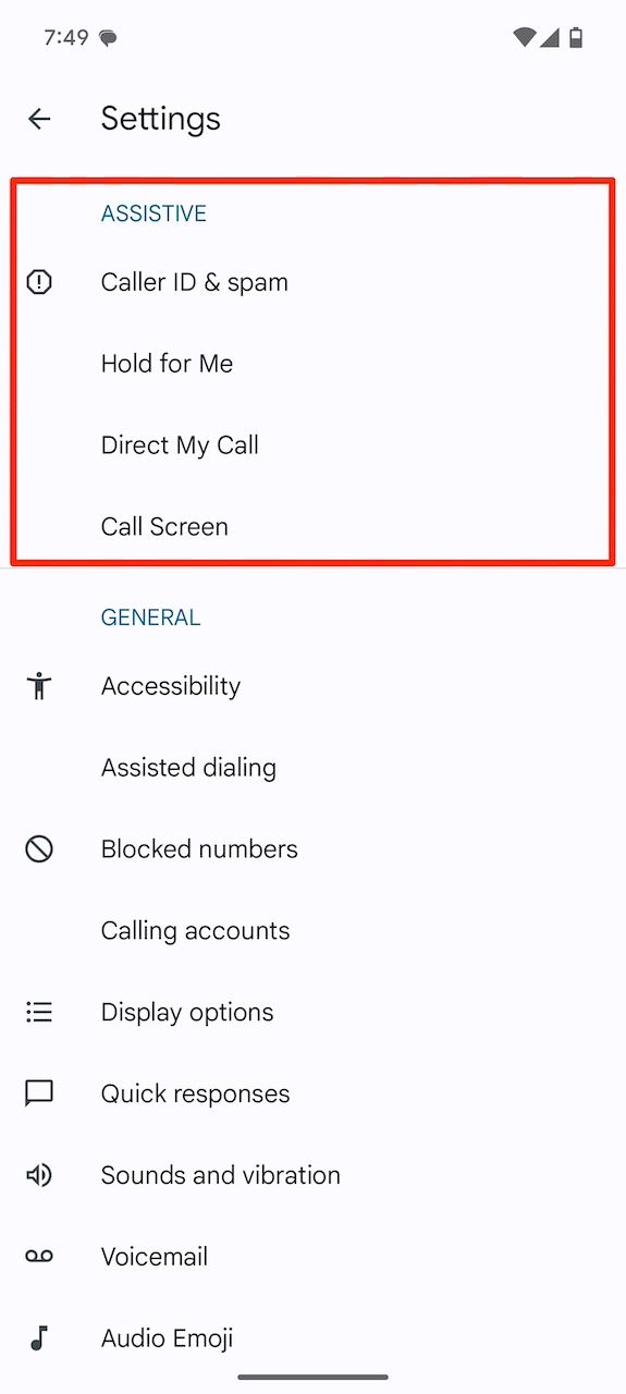 Assistive features on Google Phone app