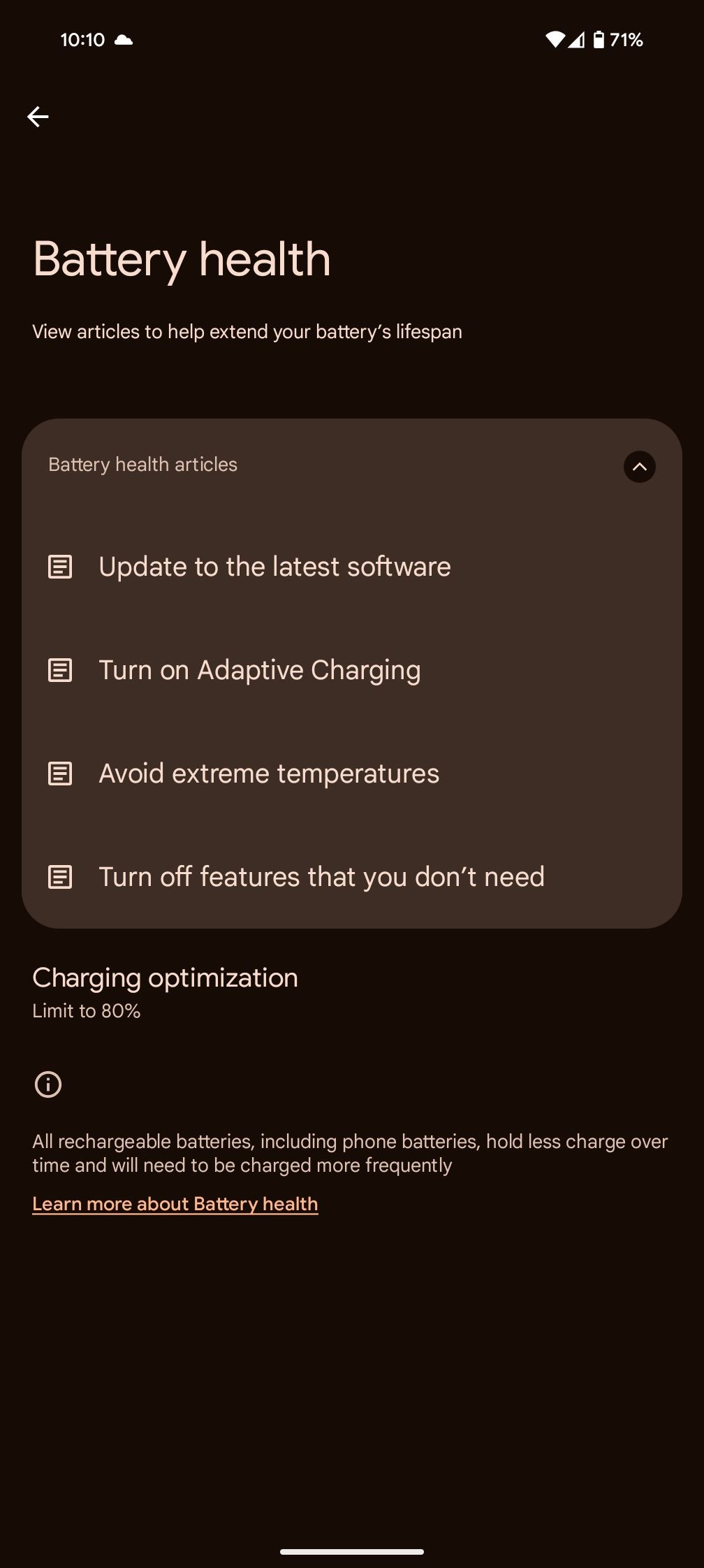 Battery health page on Pixel 8 Pro