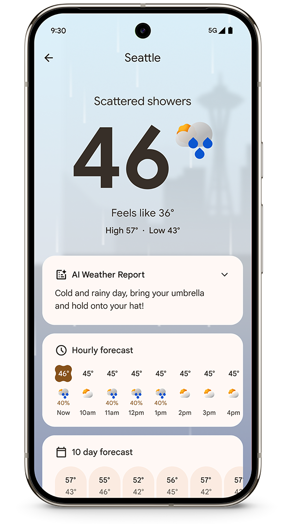 Screenshot showing AI Weather Reports in the Pixel Weather app.