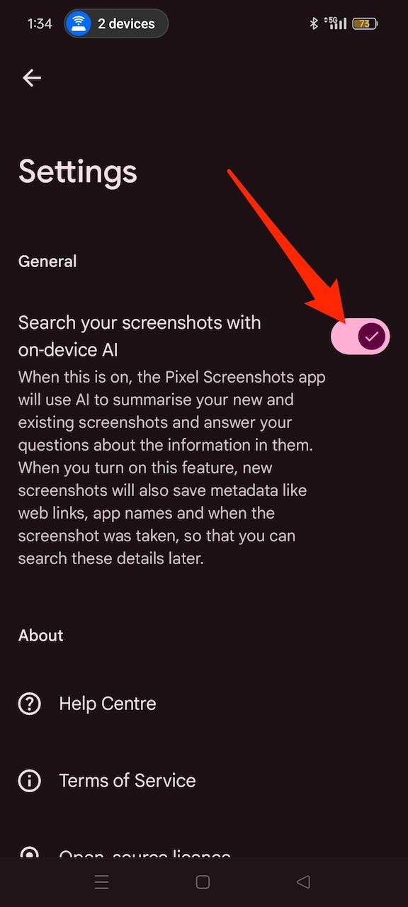 Deactivating screenshot search and AI summaries on Pixel Screenshots app