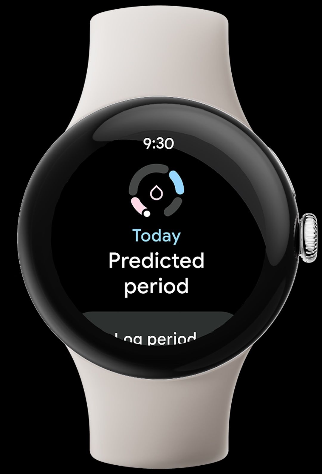 A Pixel Watch 3 showing menstrual health information for the day. 