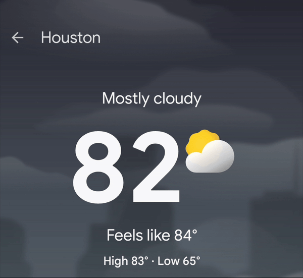 Animated GIF showing the hidden play/pause button for the Pixel Weather app's animations.