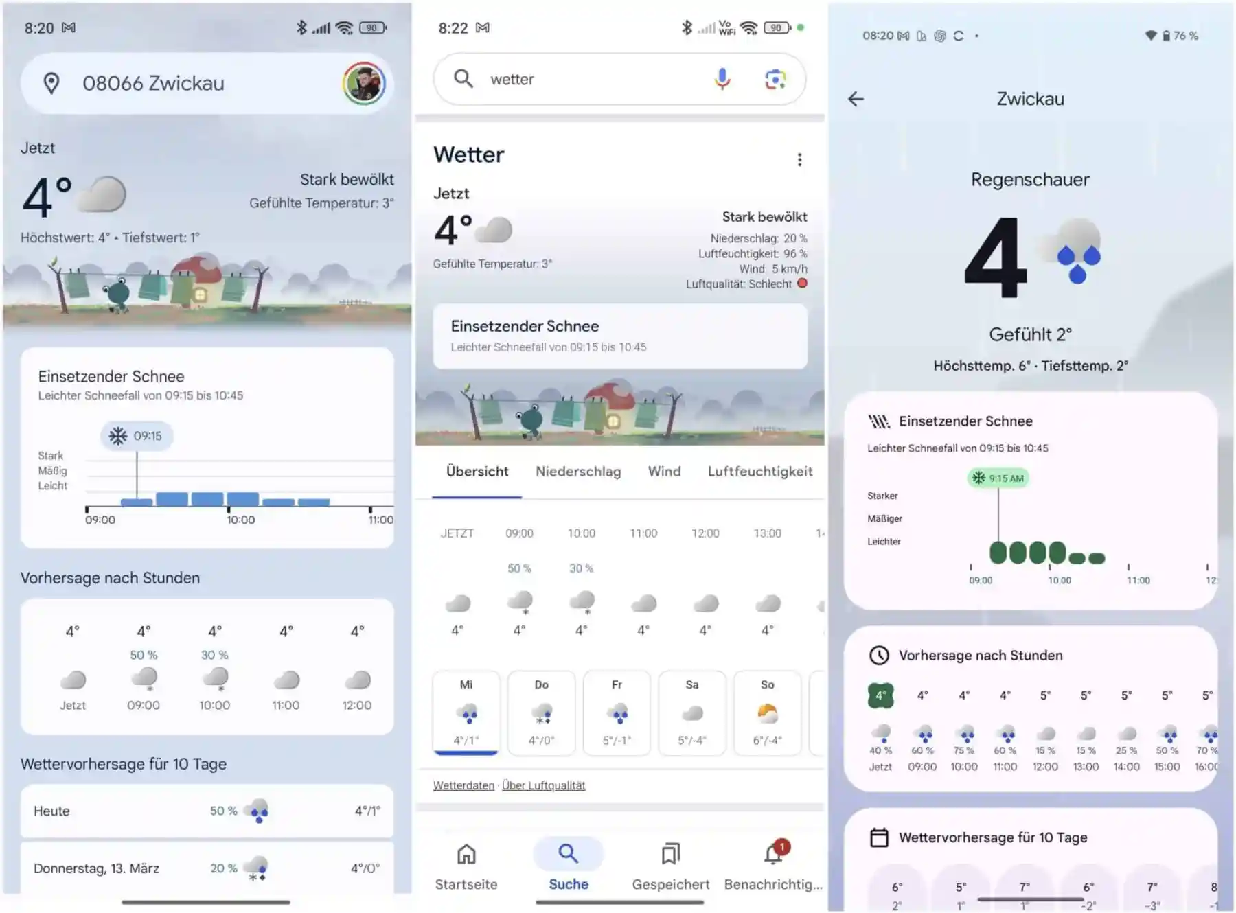 Google's snowfall information in the Google Weather applet, Google Search, and the Pixel Weather app.
