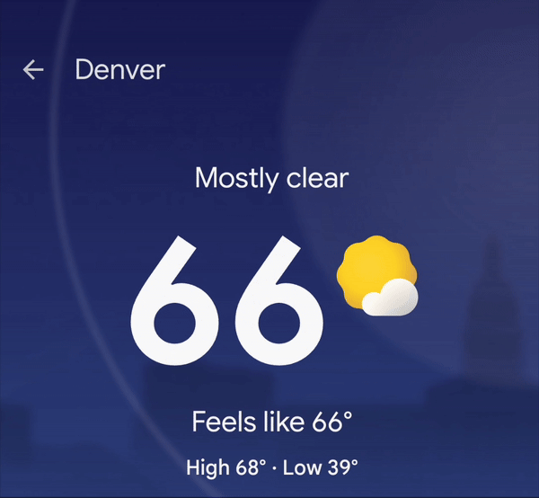 Animated GIF showing the Pixel Weather app's animations for current conditions.