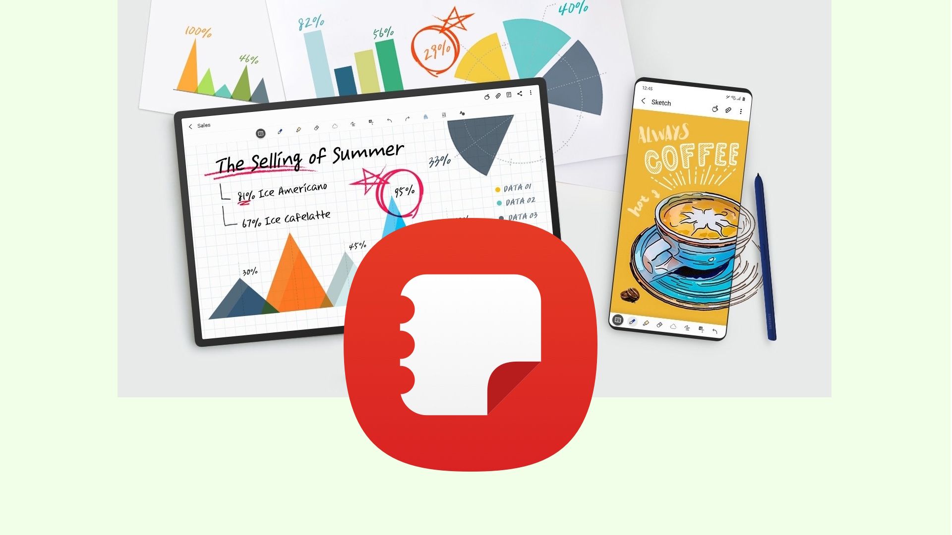 Samsung Notes logo in front of image containing S Pen and devices using Samsung Notes