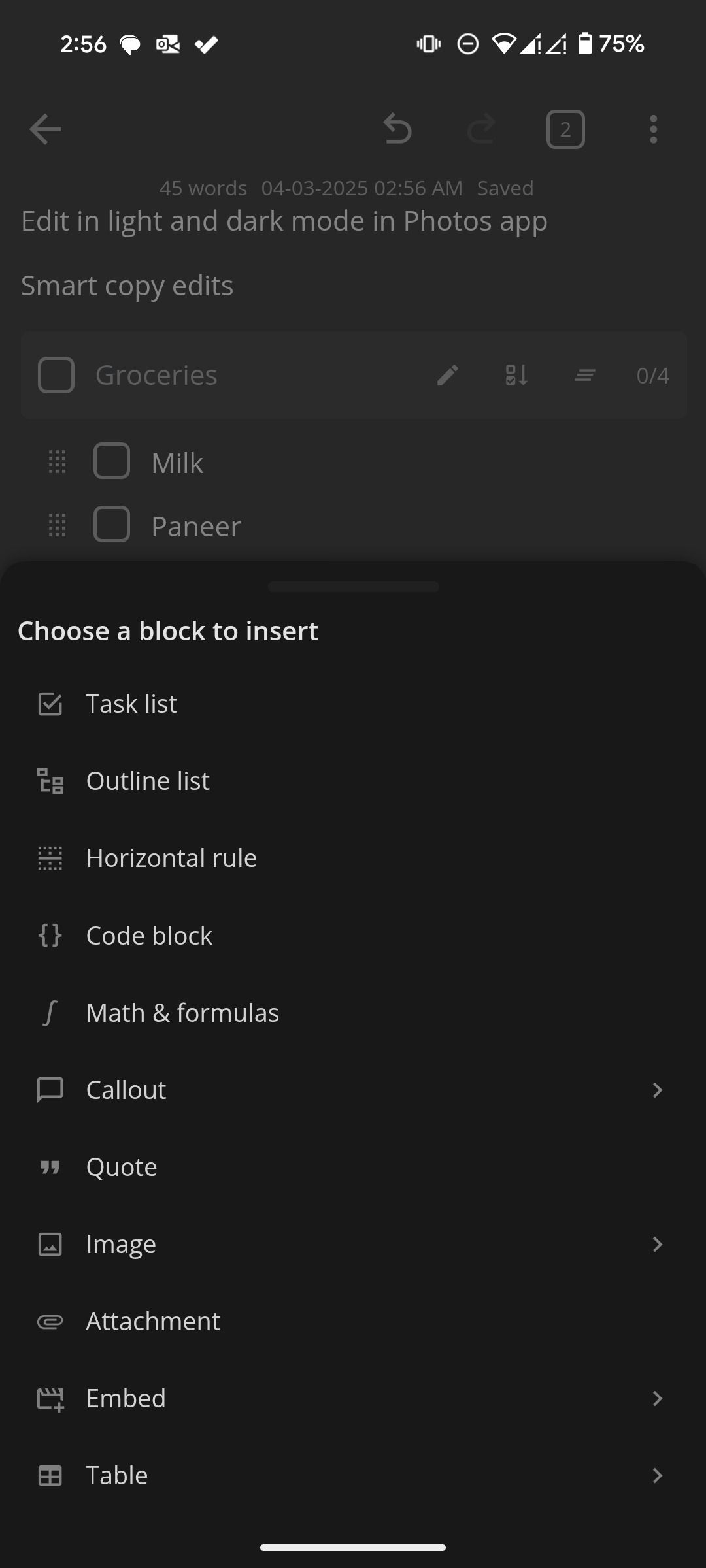 Editor de texto en notas
