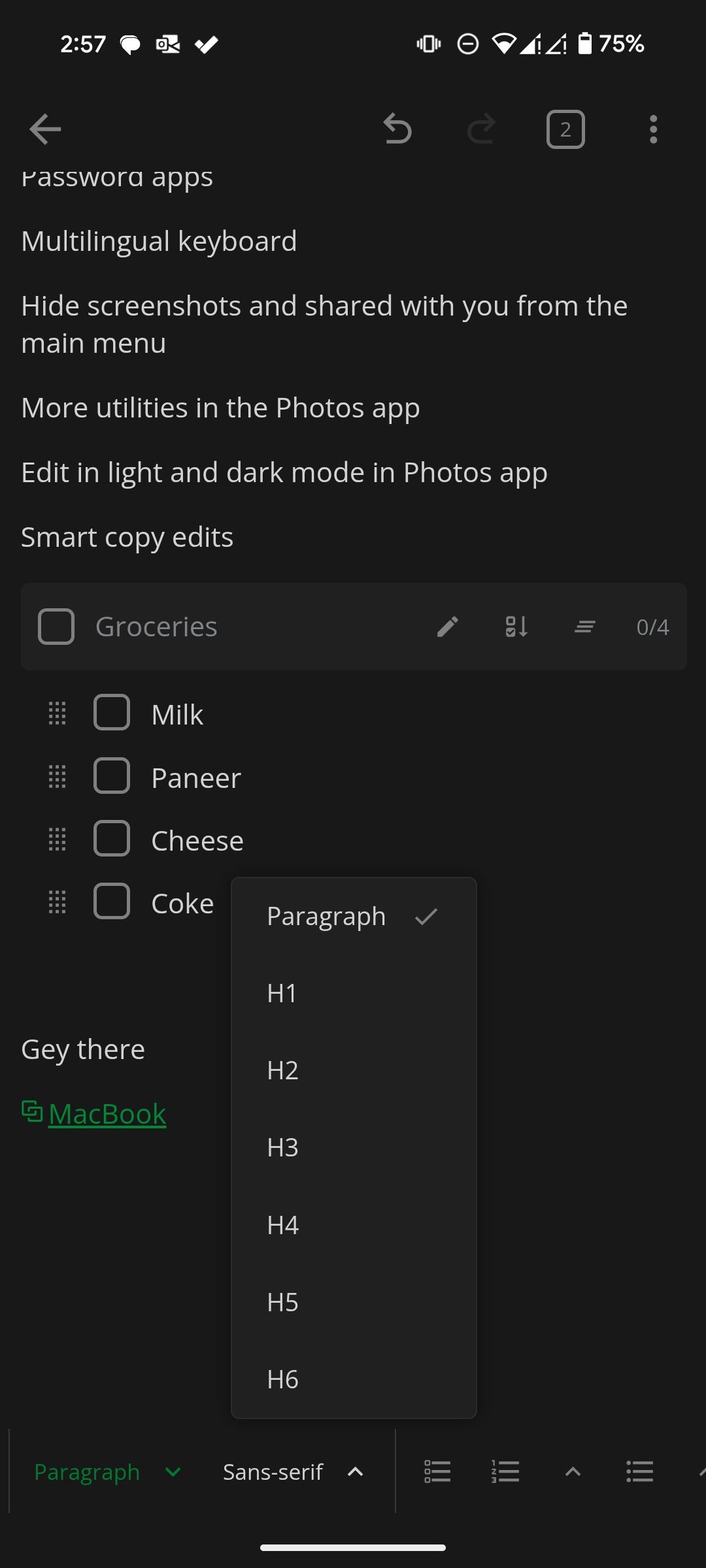 notesnook add headings