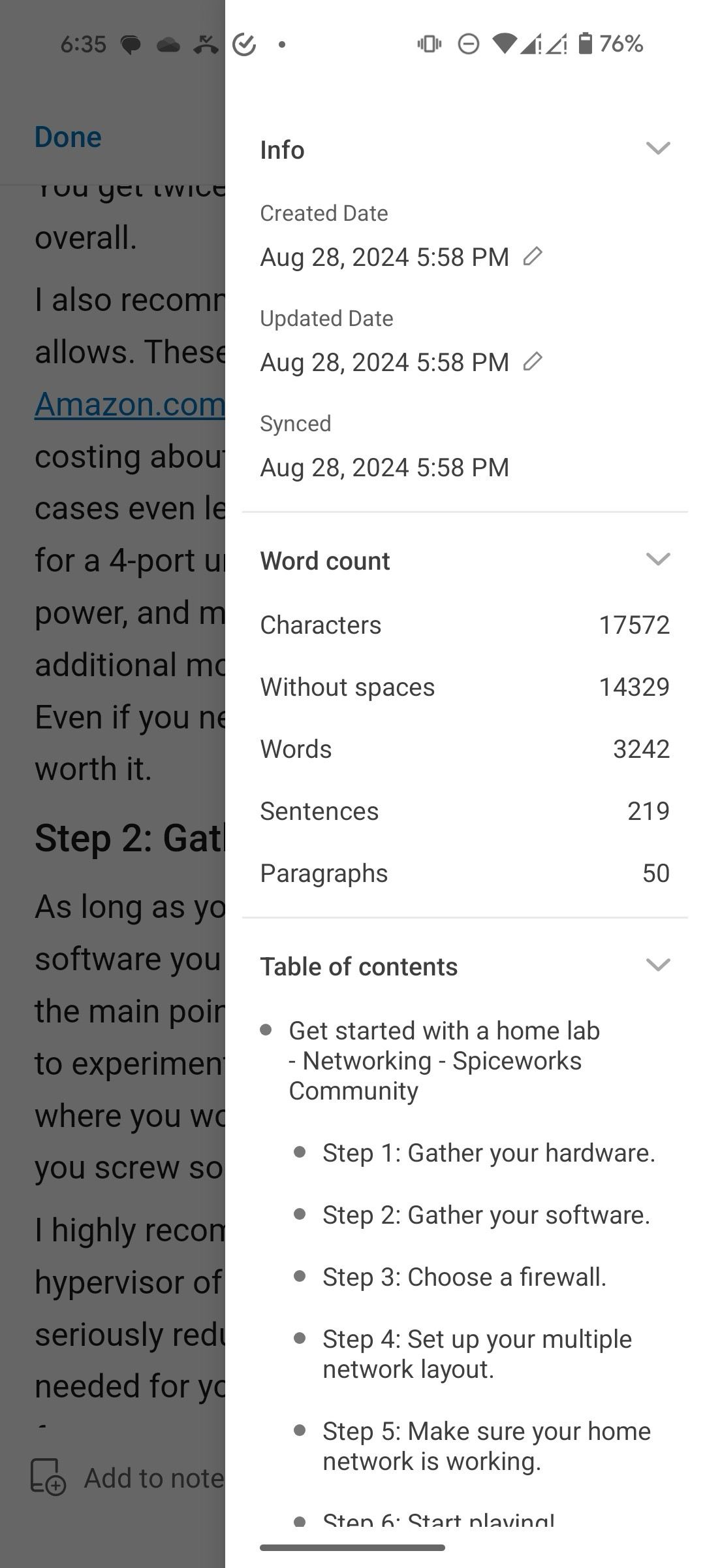 Table of content in UpNote