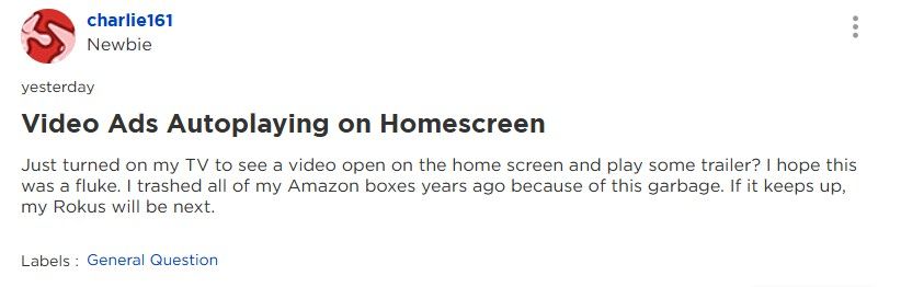 Ein Screenshot einer Benutzerbeschwerde über ungebrete Startanzeigen in den Roku -Foren. 