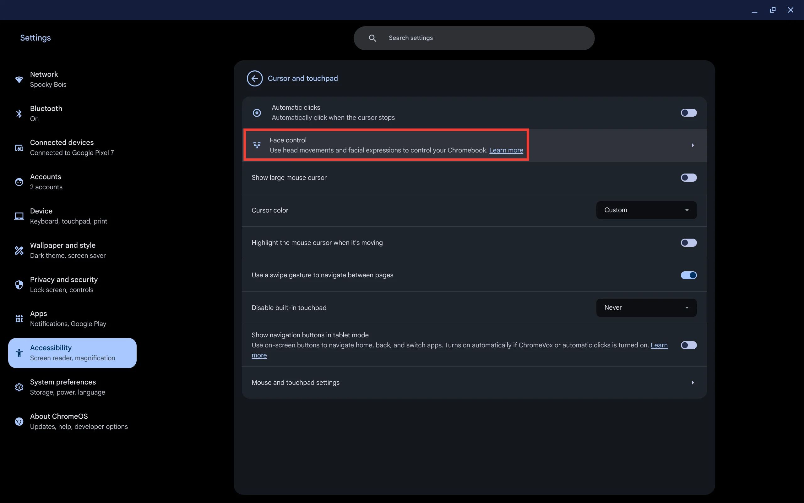 A screenshot of the Chromebook settings app in the "cursor and touchpad" section with the "Face control" option highlighted