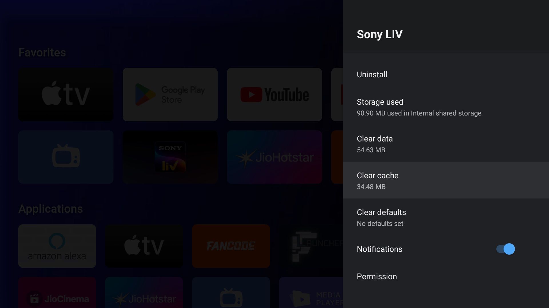 Clear Cache option selected inside app info settings on Android TV 