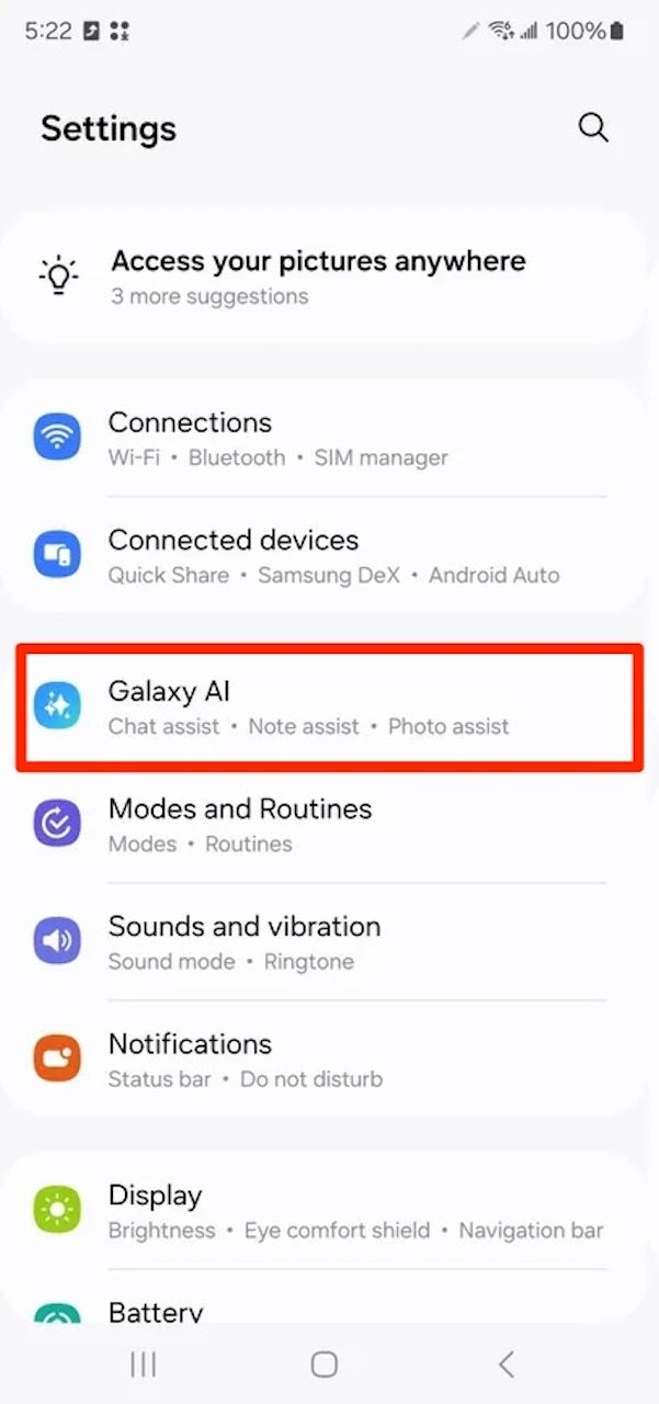 Selecting Galaxy AI option in Samsung Galaxy settings menu