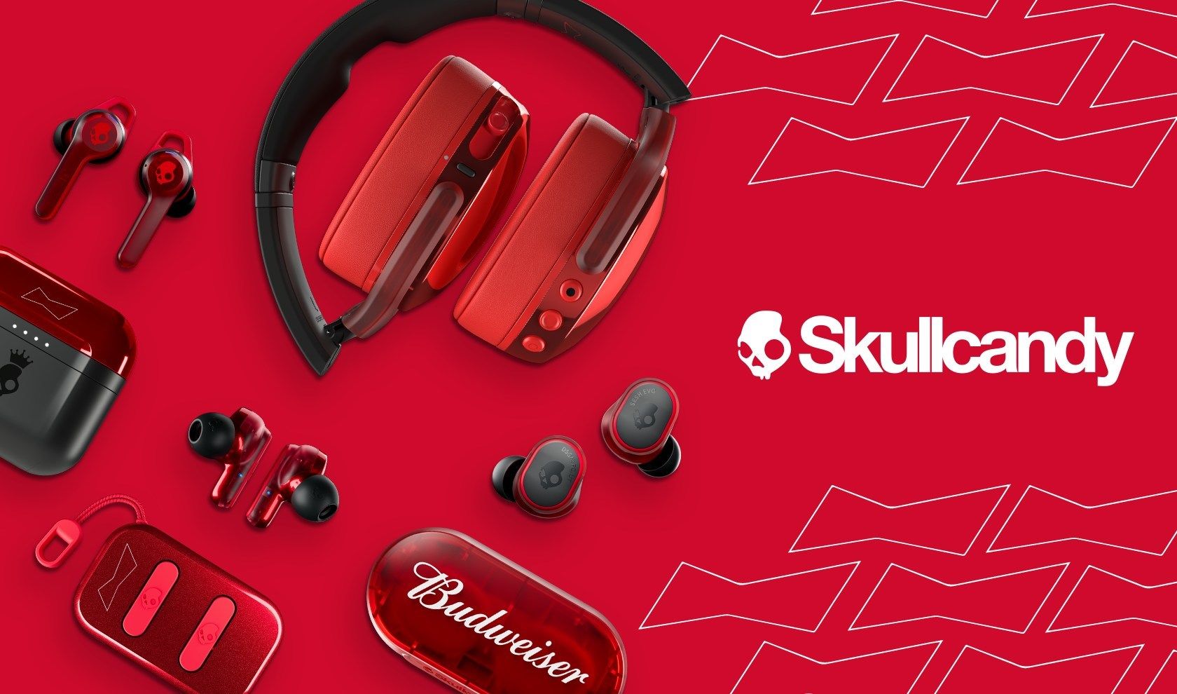 skullcandy wireless headphones and earphones next to the skullcandy logo on a bright red background