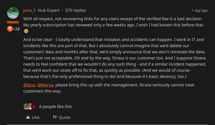 Screenshot of Strava link update post showing user complaint