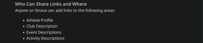 screenshot of strava forum post detailing where users can add third-party links