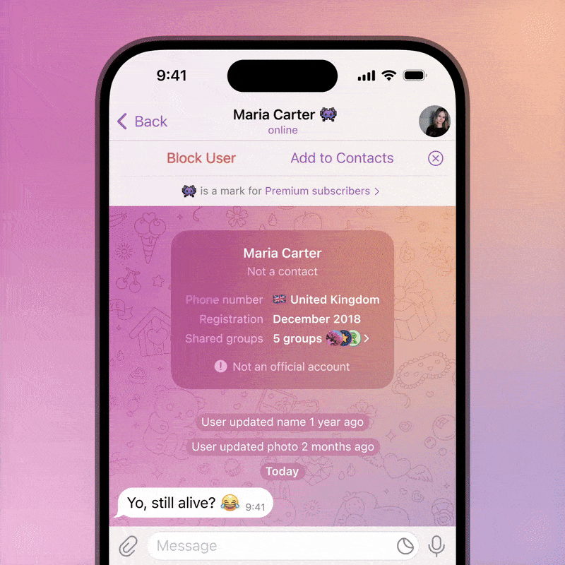 A GIF highlighting Telegram's first-time sender identifiers.