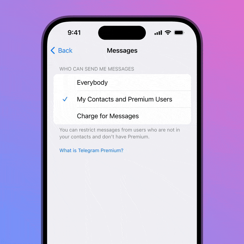 A GIF highlighting Telegram's paid message feature. 