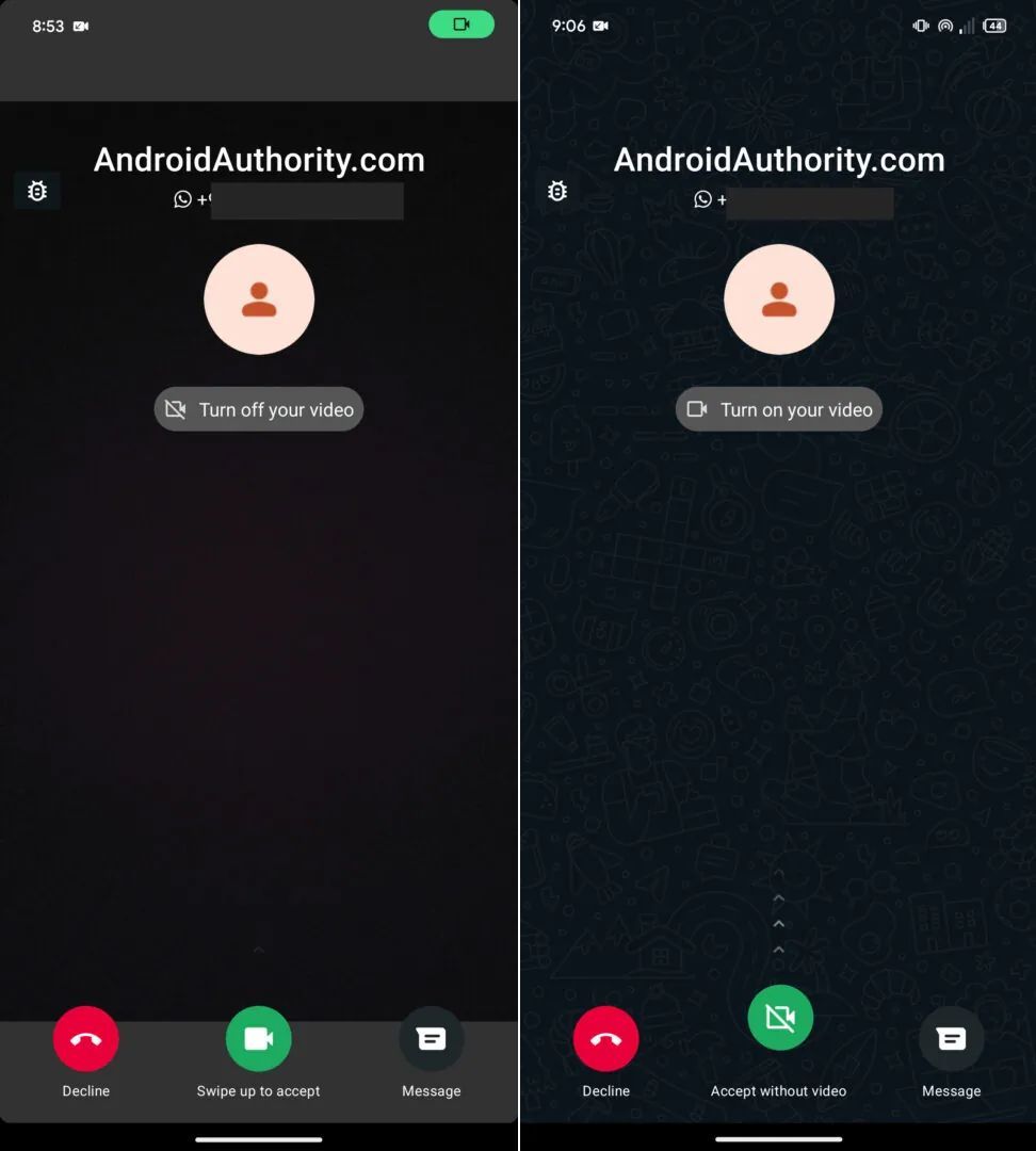 Screenshots highlighting WhatsApp's upcoming feature to answer video calls with camera off.