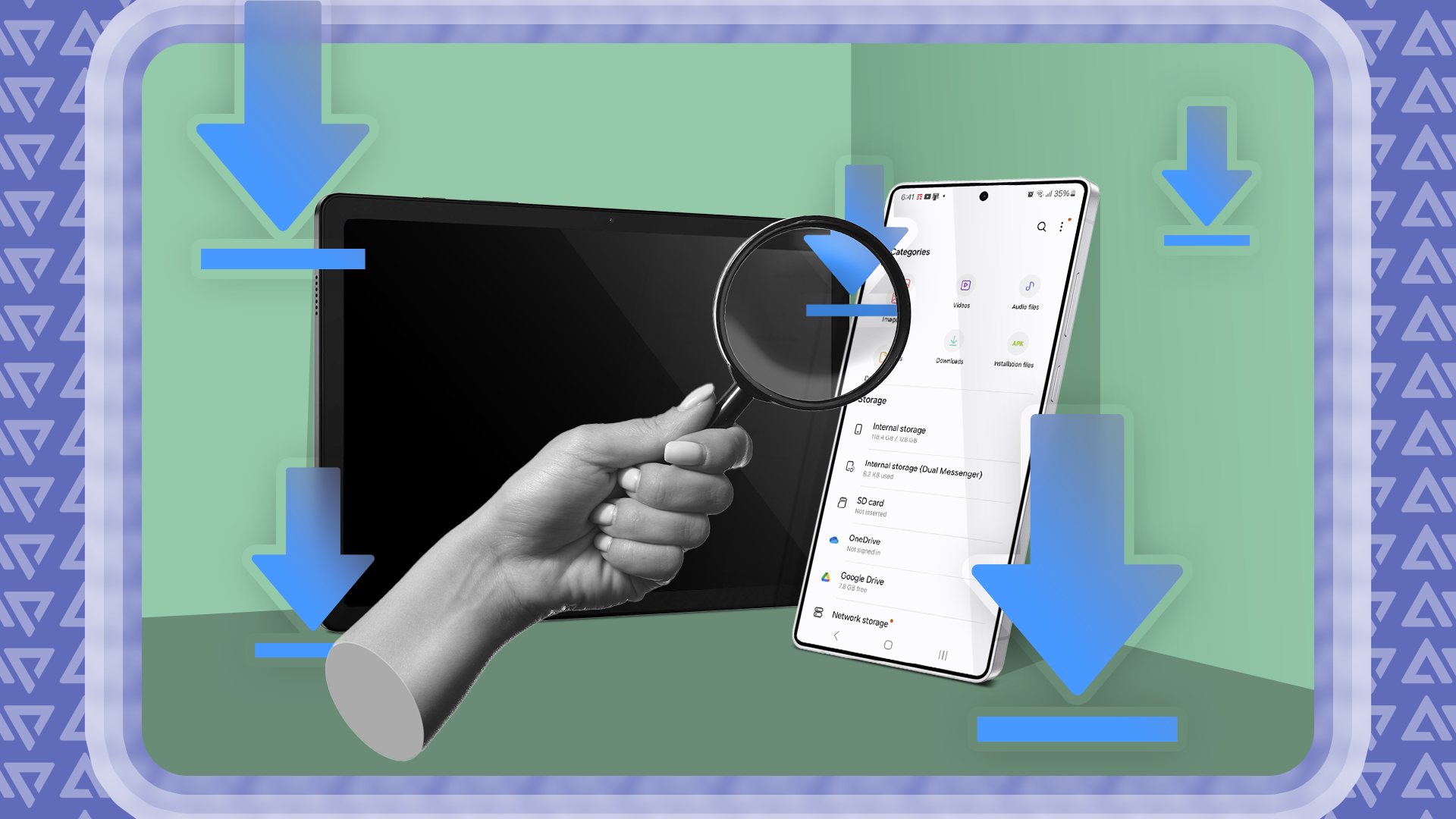 A tablet and a smartphone with download icons around them and a hand holding a magnifying glass.