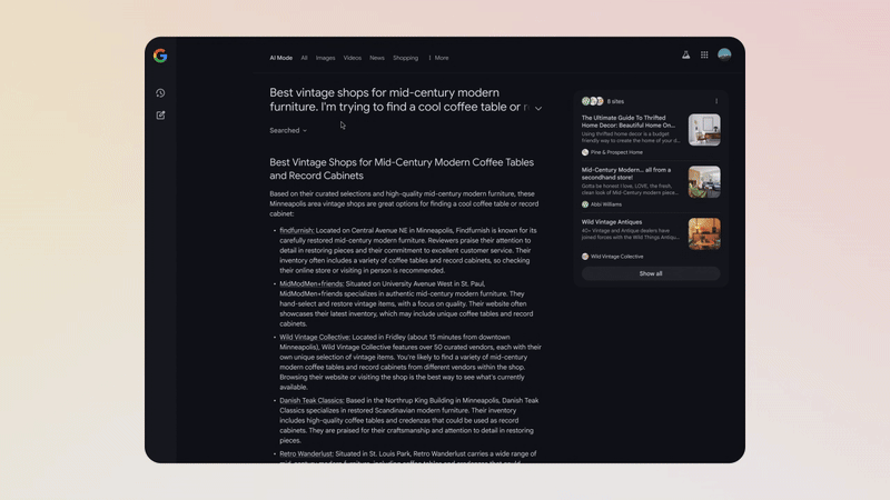 A GIF highlighting AI Mode's left-aligned history panel.