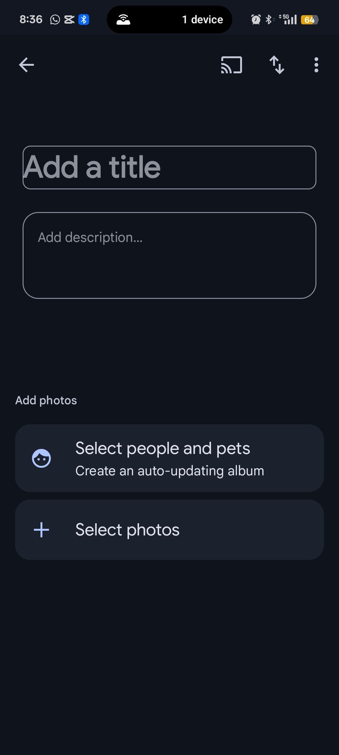 Text fields and options for creating new Google Photos album
