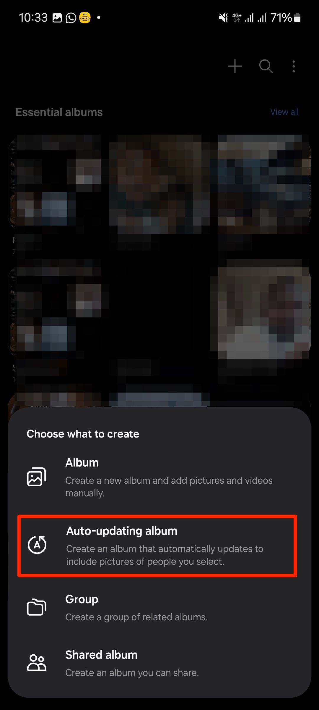 Selecting option to create auto-updating album in Samsung Gallery