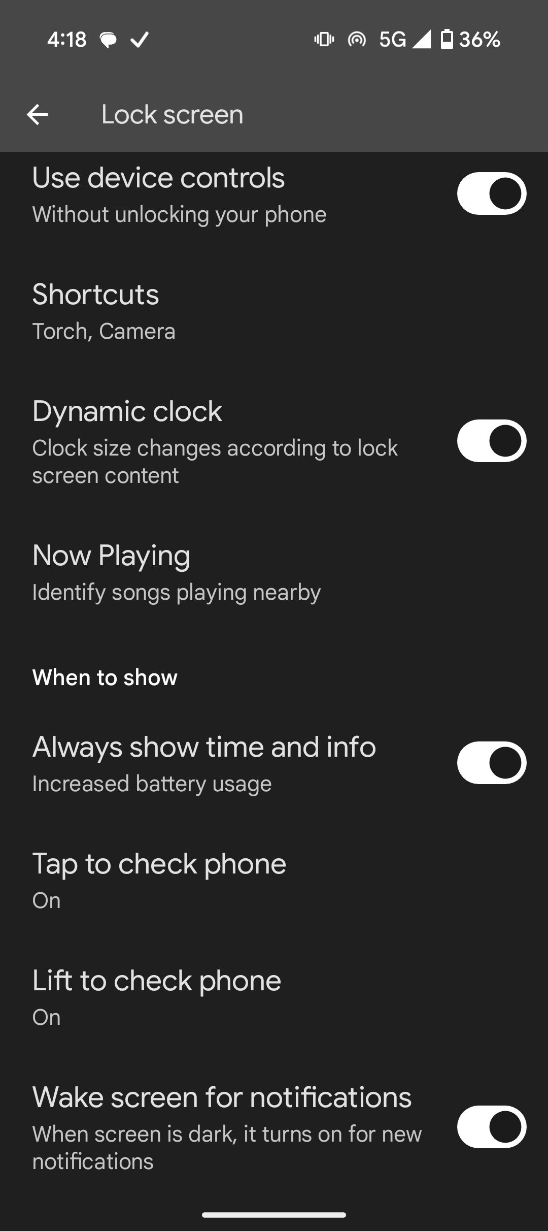 Lock screen settings with toggles for Now Playing and Always show time and info