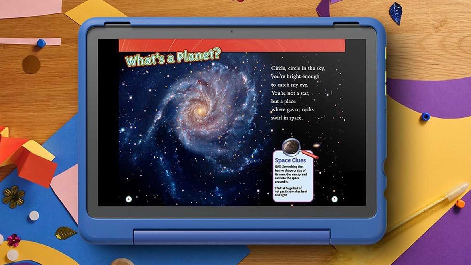 The Amazon Fire HD 10 Kids Pro on a colorful table.
