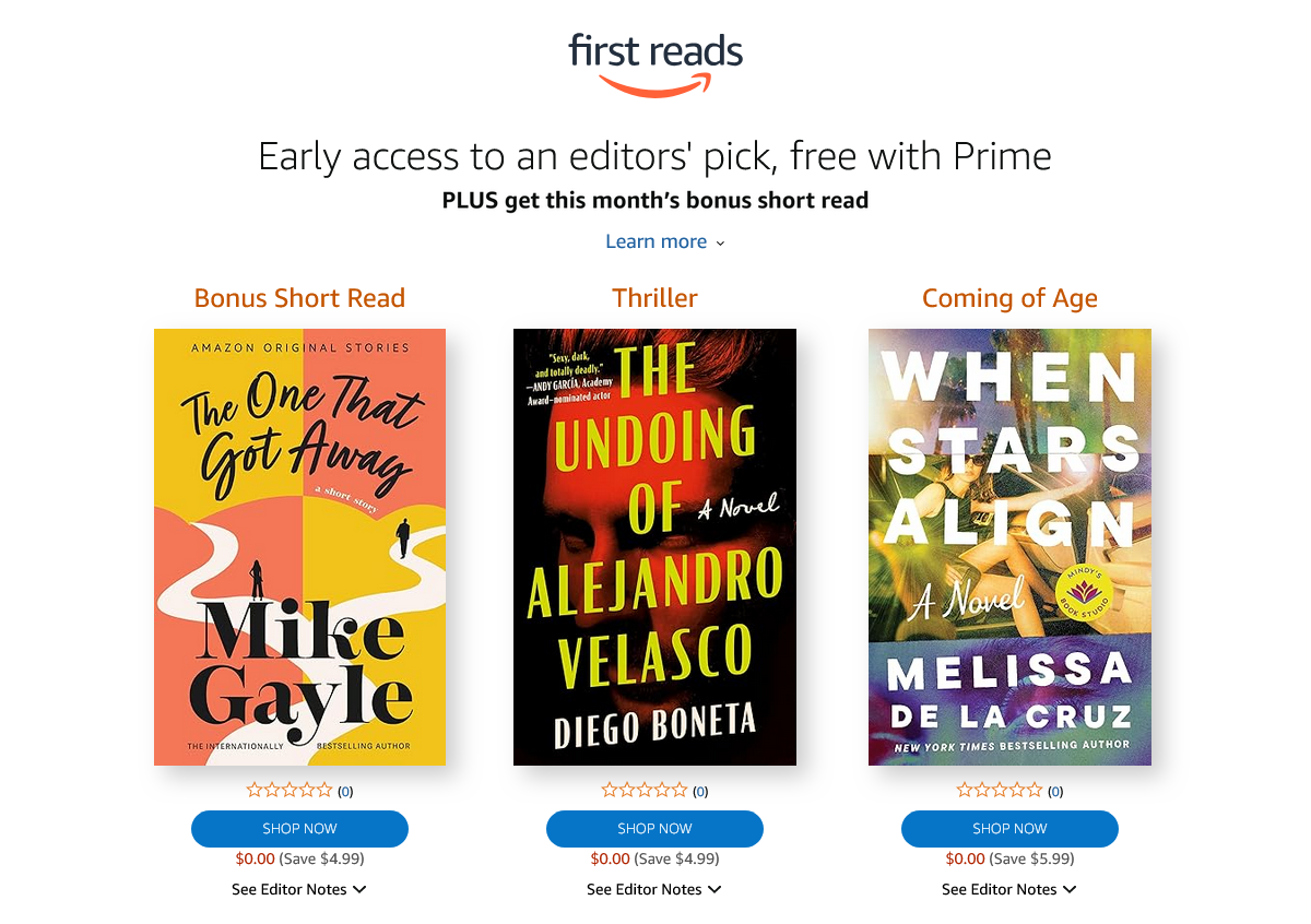screenshot of amazon first reads for kindle