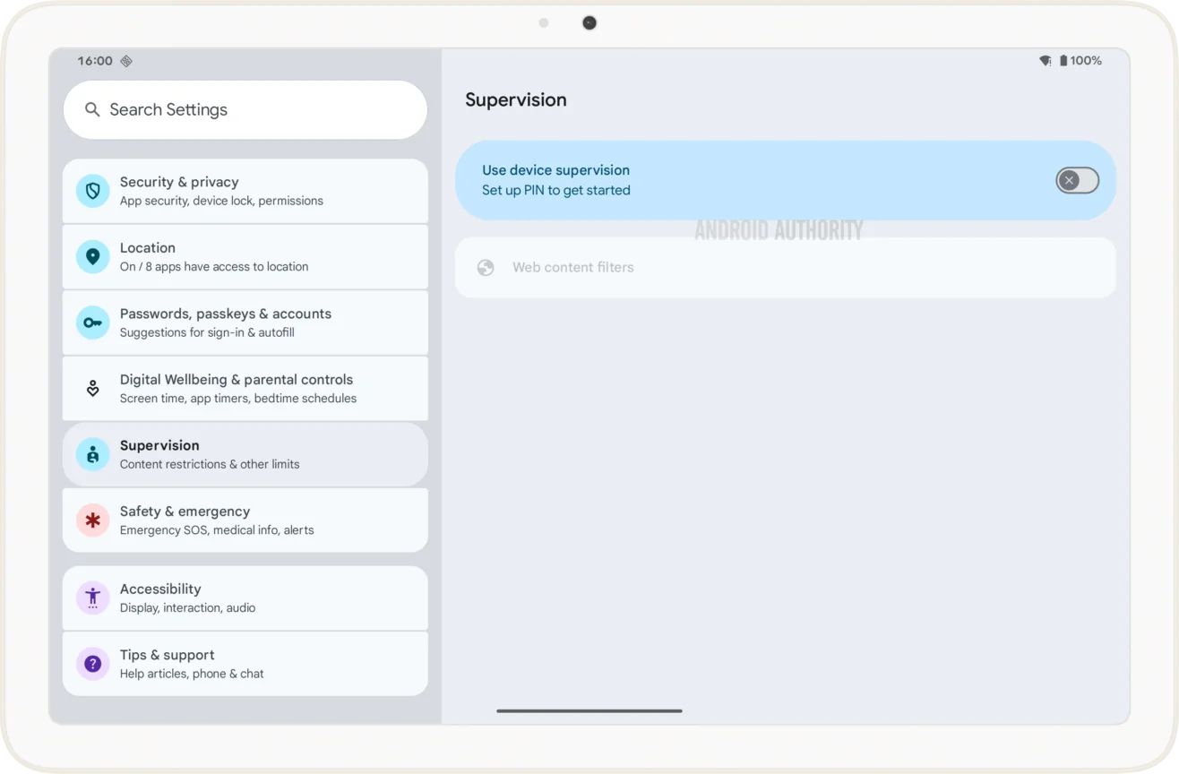 A screenshot of Android 16's upcoming Supervision Serttings page.